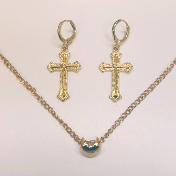 FREE GIFT w/ Any Bundle Gold Cross Heart Jewellery Set Earrings Necklace Classic